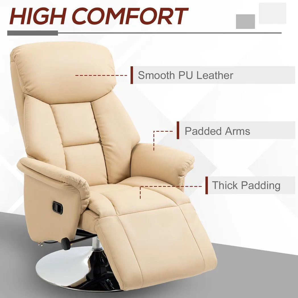 HOMCOM Manual Swivel Recliner Chair with Footrest, Padded Arms & PU Leather – 130° Armchair, Beige