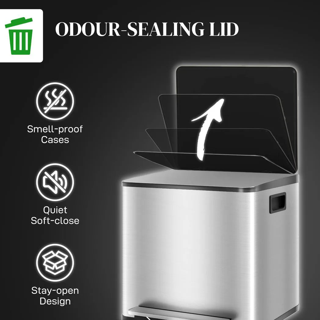 HOMCOM 30L Dual Compartment Pedal Bin with Soft Close Lid, Deodoriser Holders – Stainless Steel Kitchen Bin, Silver Tone