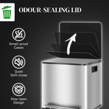 HOMCOM 30L Dual Compartment Pedal Bin with Soft Close Lid, Deodoriser Holders – Stainless Steel Kitchen Bin, Silver Tone