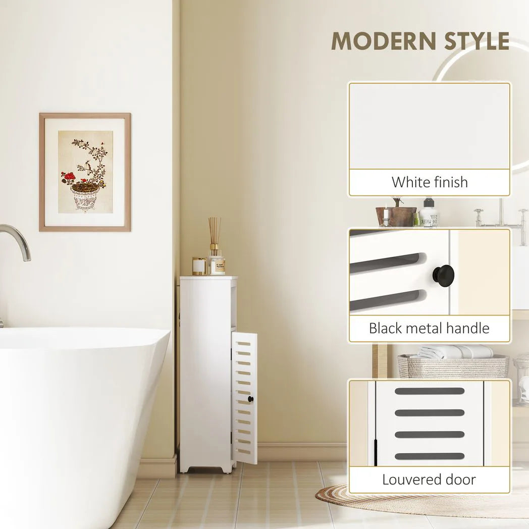 HOMCOM Slim Bathroom Floor Cabinet with Louvered Door, Open Shelf and Adjustable Shelf – Storage Unit, White