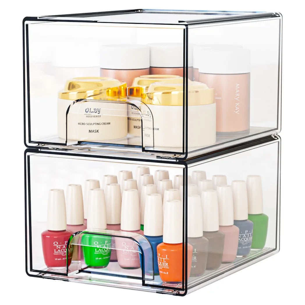 Set of 2 Clear Stackable Acrylic Storage Drawers, 66L Large – Pull-Out Makeup & Bathroom Organiser
