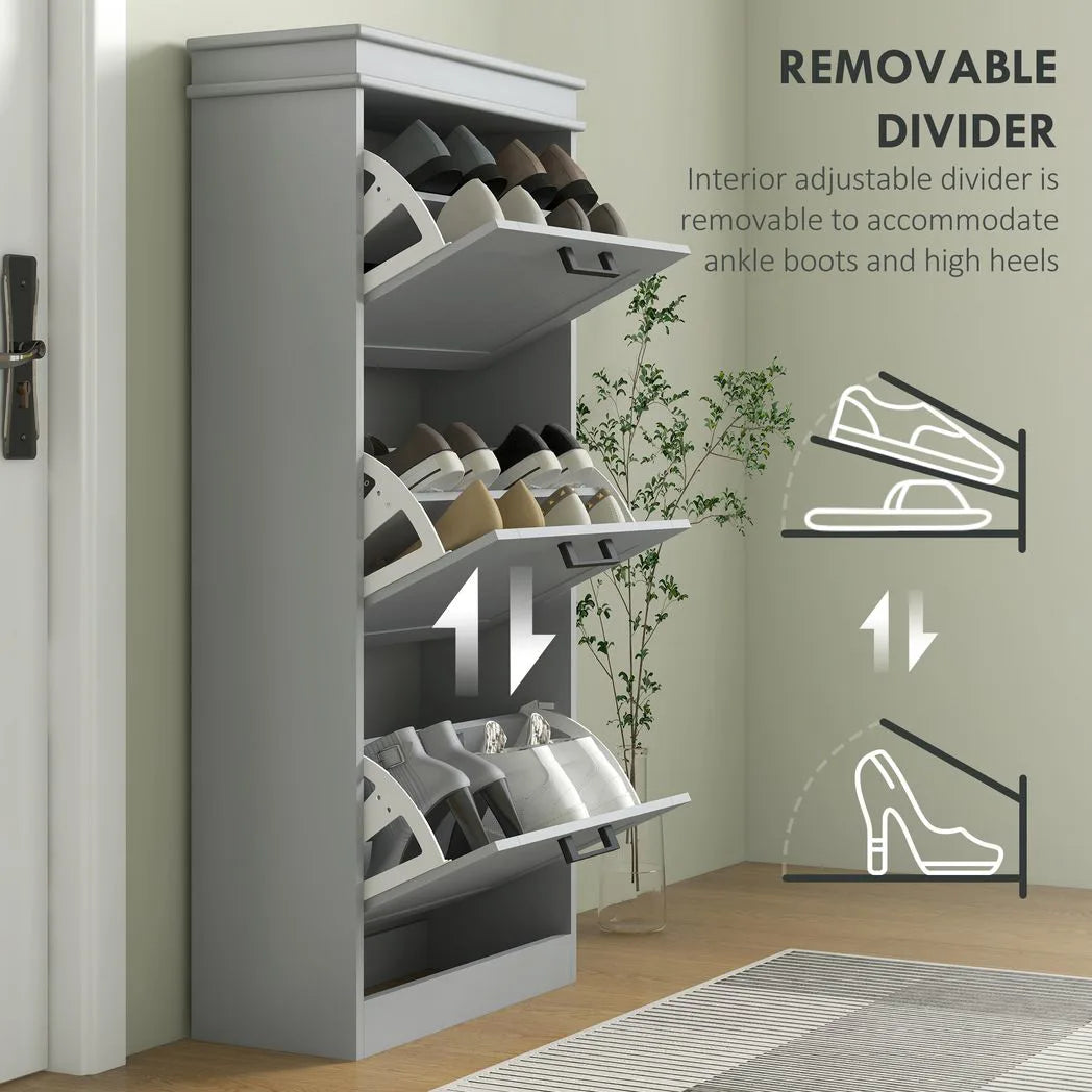 HOMCOM Slim Shoe Cabinet with 3 Flip Drawers, Holds 15 Pairs, 117.5 x 54 x 24 cm – Grey