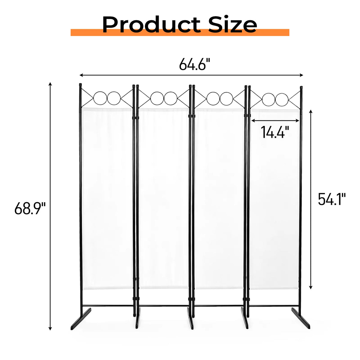4-Panel Folding Room Divider Screen with Carbon Steel Frame and Polyester Fabric – Freestanding Privacy Screen, Off-White