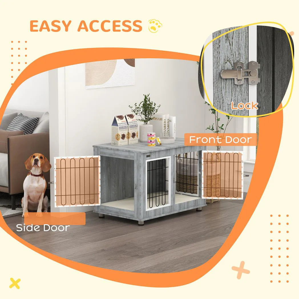 PawHut Dog Crate Furniture End Table with Cushion and Double Doors – Indoor Kennel, Grey