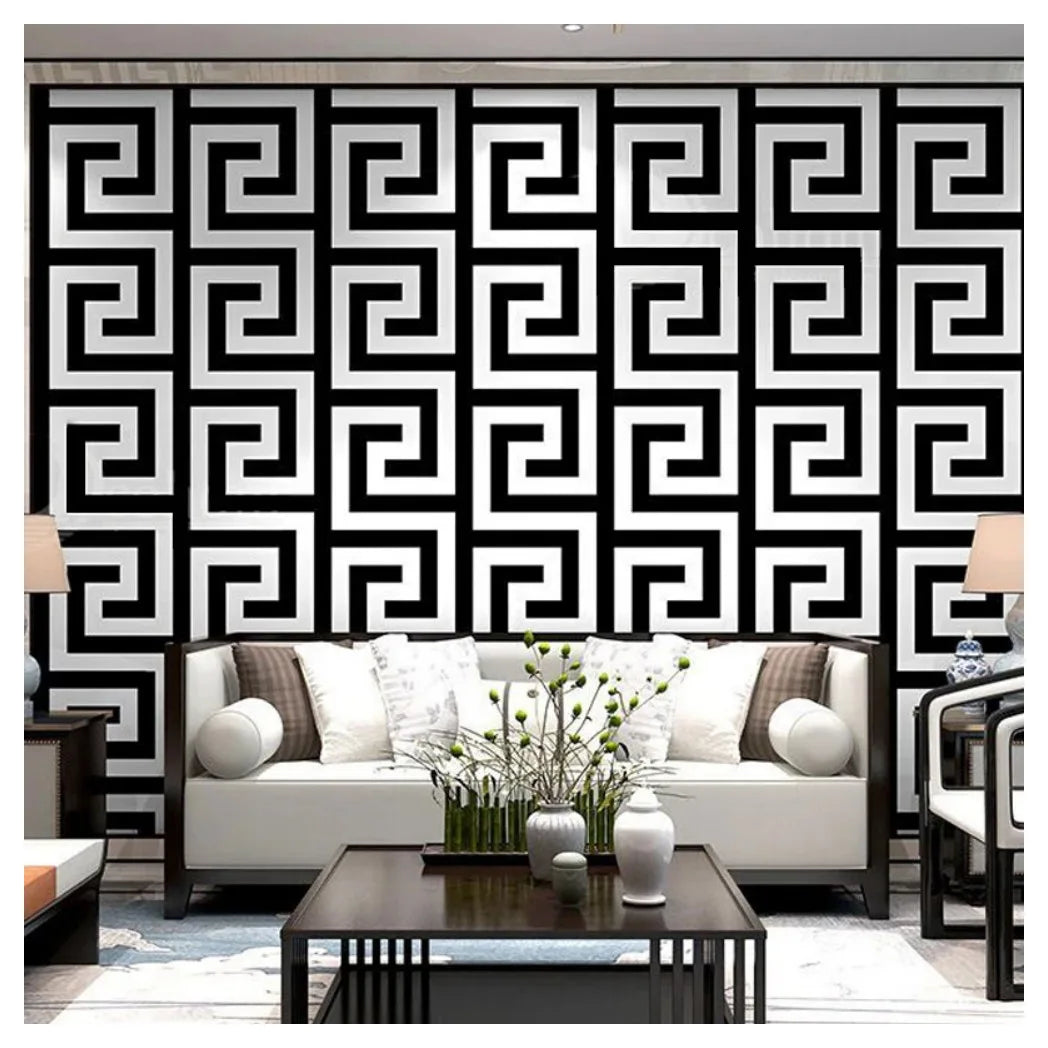 Debona Athena Greek Key Metallic Glitter Wallpaper, White and Black – 10m Roll