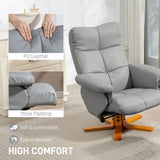 HOMCOM PU Leather Swivel Recliner Chair with Storage Footstool and Wooden Base – Living Room Armchair, Light Grey