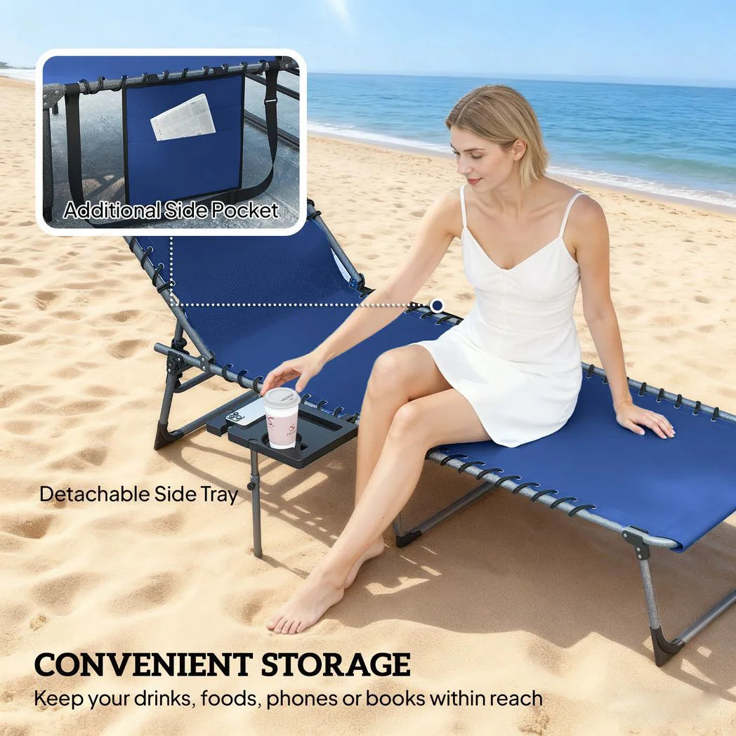 Outsunny Set of 2 Folding Sun Loungers, 5-Position Reclining with Pillow, Side Table and Pocket, Dark Blue