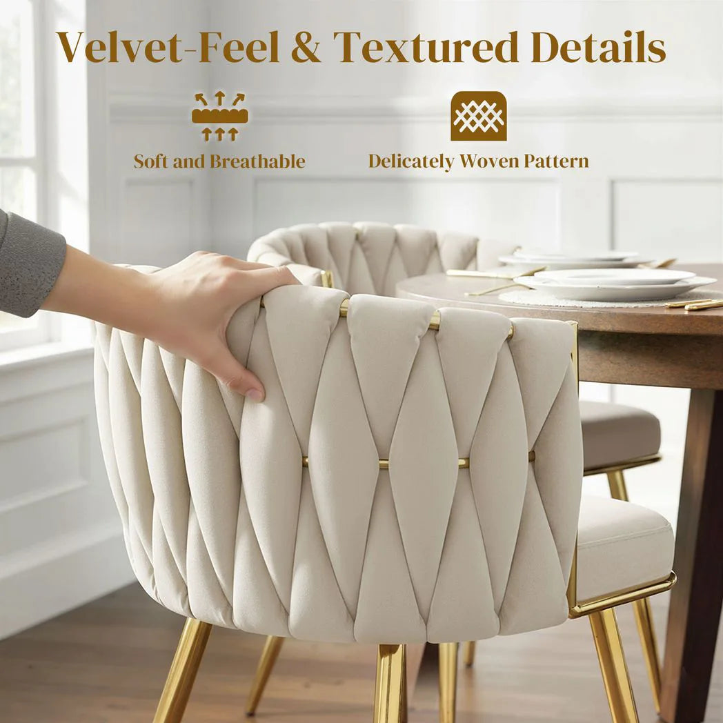 HOMCOM Set of 2 Velvet-Feel Dining Chairs with Knot Backrest & Golden Legs – Upholstered Accent Chairs, Cream