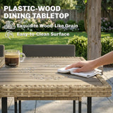 Outsunny 7 Piece Rattan Garden Dining Set with Wood-Plastic Table and 6 Stackable Chairs – Light Brown