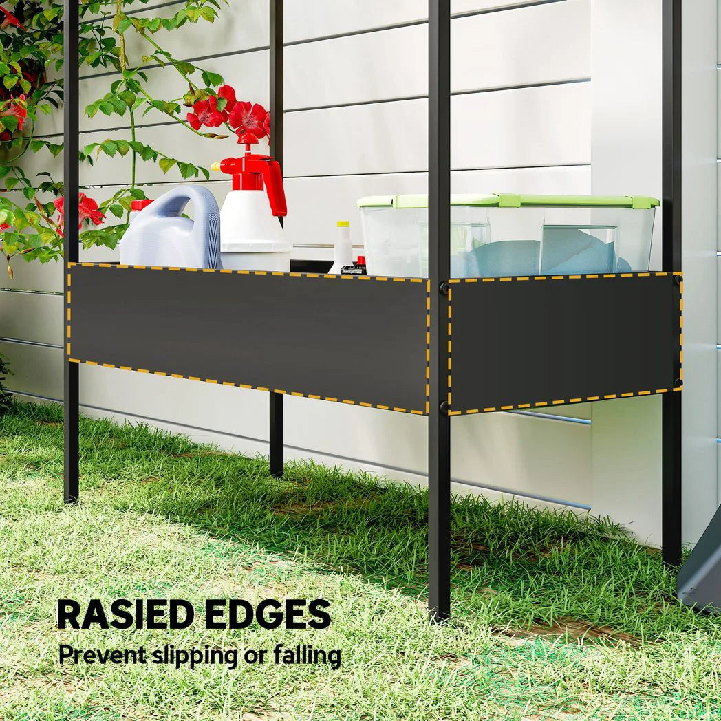 Outsunny 2 Tier Metal Plant Stand with Hanging Hook, House-Shaped Indoor Outdoor Display Rack, Black