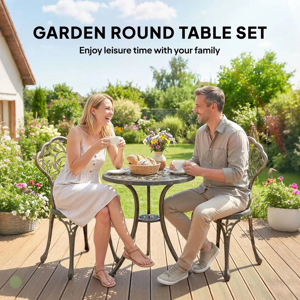 Outsunny 3 Piece Aluminium Bistro Set – Garden Table and 2 Chairs with Floral Cut-Out Design, Brown
