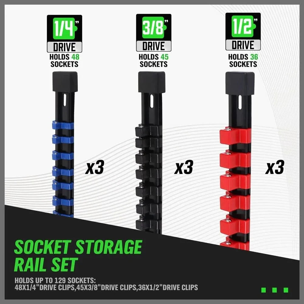 CASOMAN 6-Piece Socket Organiser Set for 1/4", 3/8" and 1/2" Drives – Wall-Mount ABS Socket Rails
