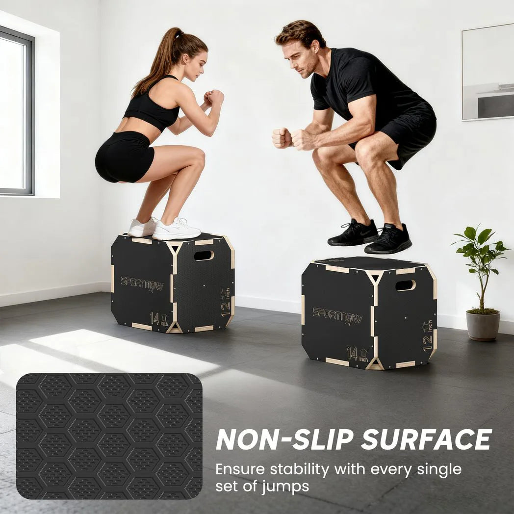 SPORTNOW Non-Slip Wooden Plyo Box with Cut-Out Handles, 3 Heights – Corner-Free Jump Box for Home Gym Training