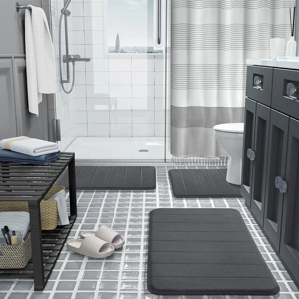 3-Piece Memory Foam Bath Mat Set with Contour Rug – Non-Slip Absorbent Pedestal Bathroom Rugs, Grey