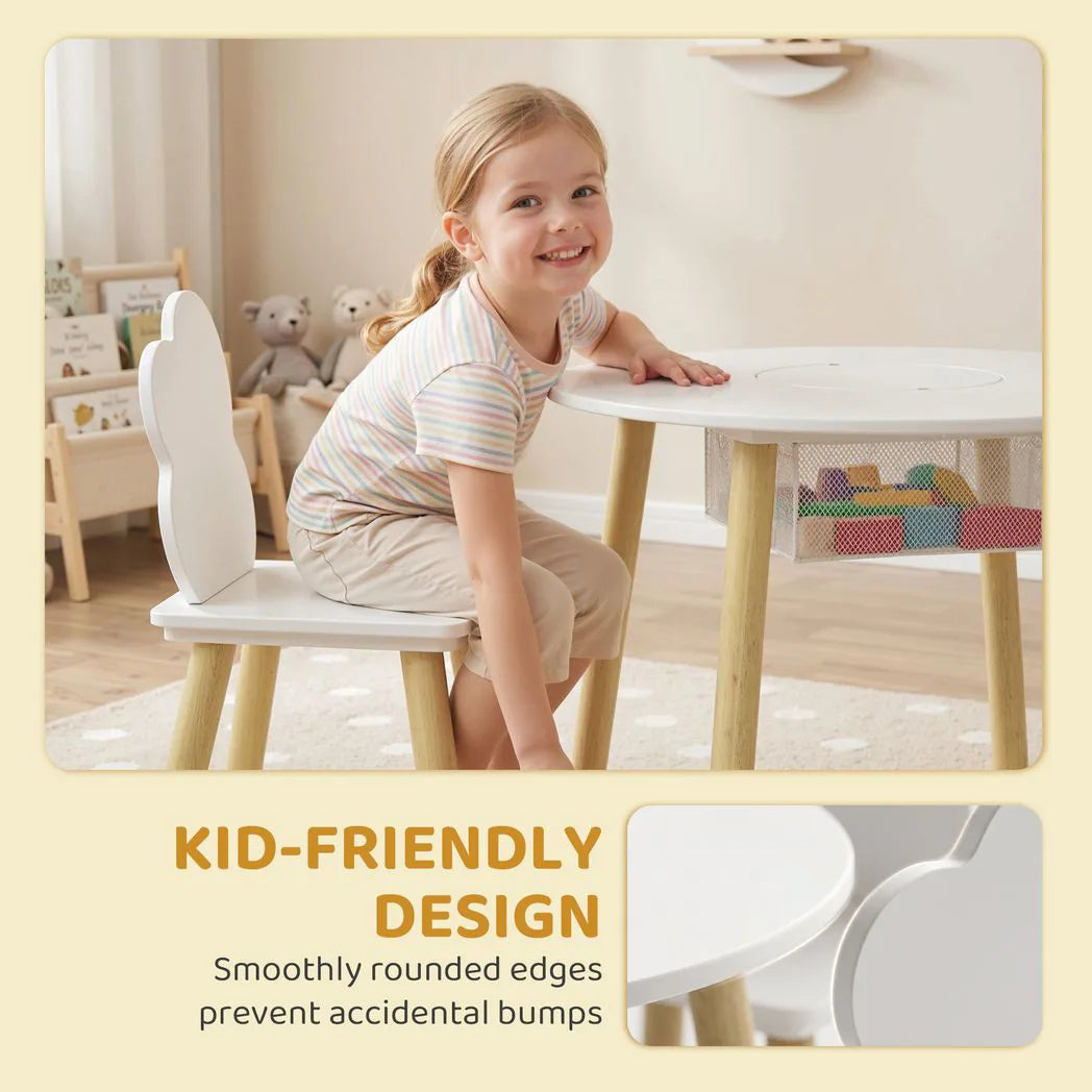 AIYAPLAY Kids Table and Chairs Set with Storage Bag – 3-Piece Cloud Design Toddler Playroom Set, White