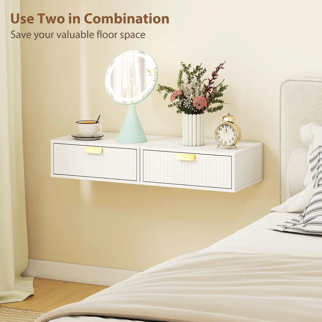 HOMCOM Floating Bedside Tables, Set of 2 Wall Mounted Nightstands with Wave Drawer, White