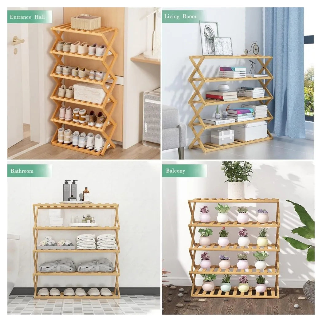Foldable 4-Tier Bamboo Shoe Rack – No Assembly Required, Natural