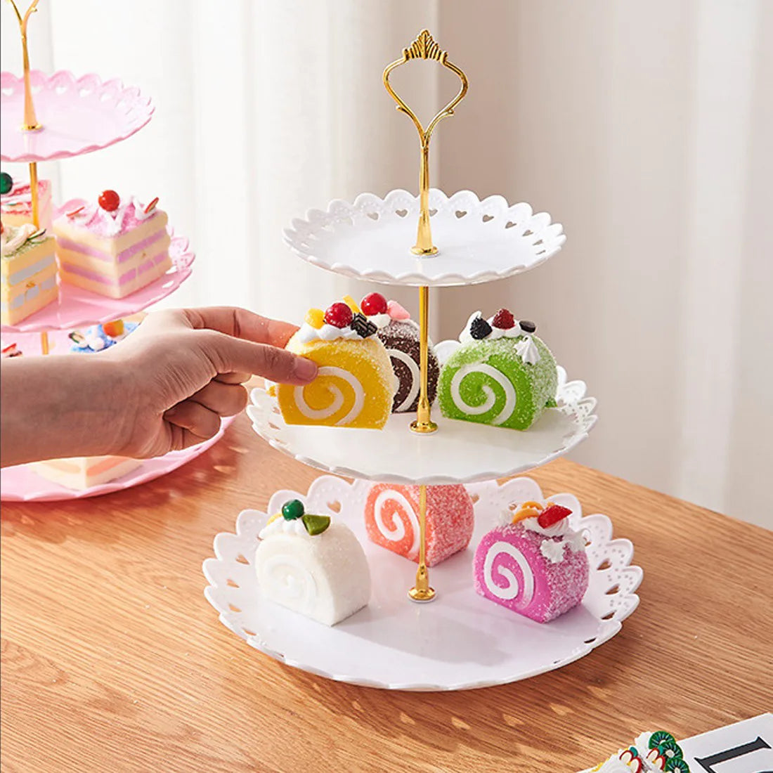 6-Piece Tiered Cake Stand Set for Afternoon Tea, Weddings & Parties – Embossed-Style Plastic Dessert Display, White