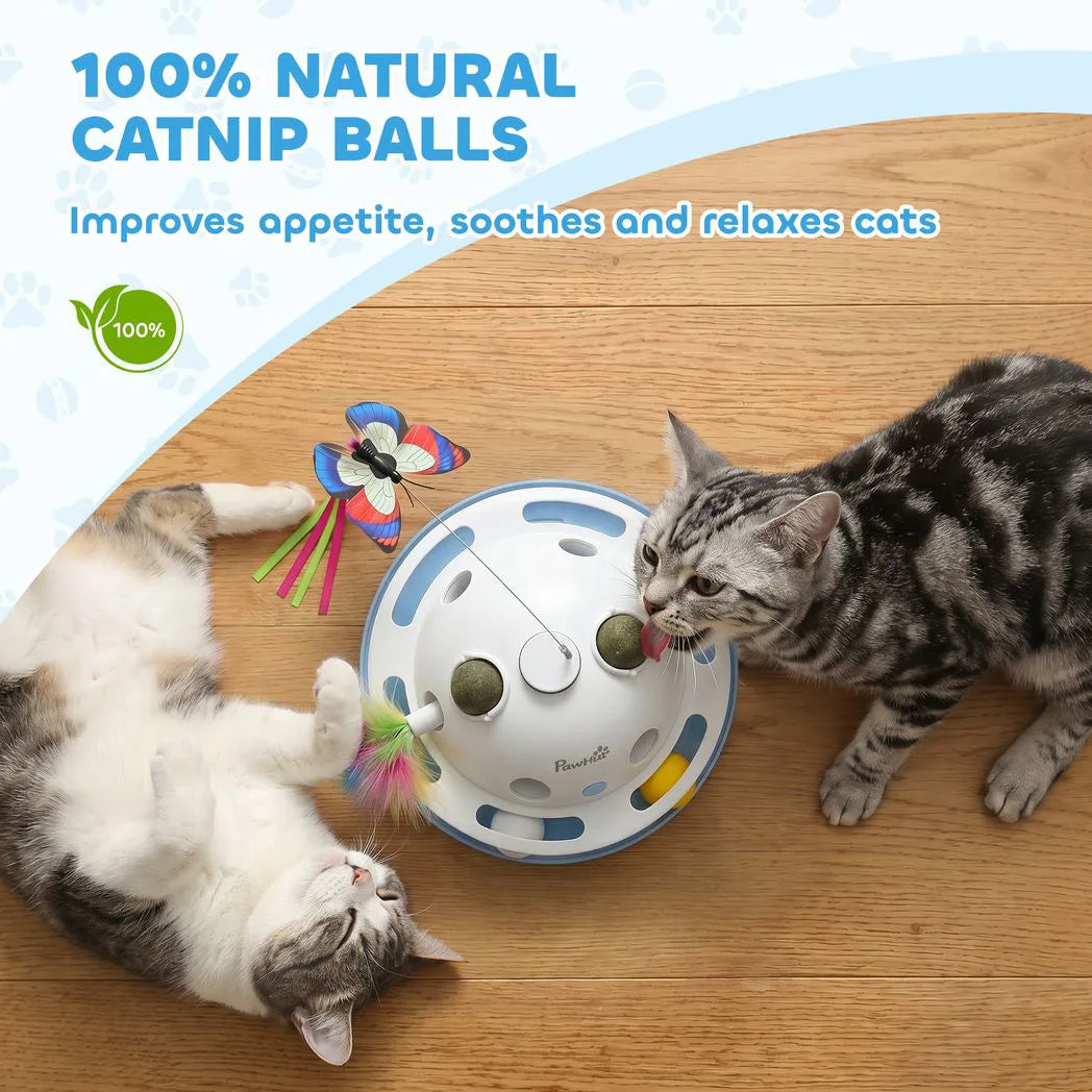PawHut 4-in-1 Interactive Cat Toy with Spinning Butterfly, Shooting Feathers and Catnip Balls
