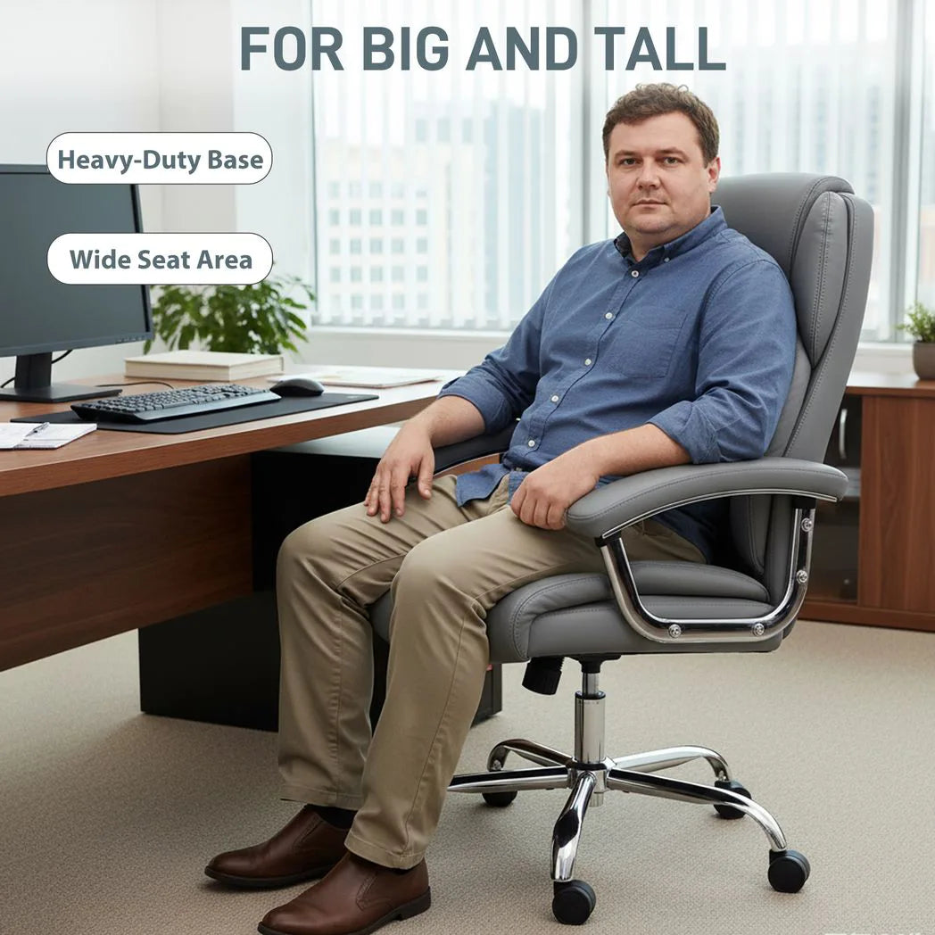 HOMCOM Big and Tall Office Chair with Spring Cushion, 180kg Capacity – Padded Headrest PU Leather Desk Chair, Grey
