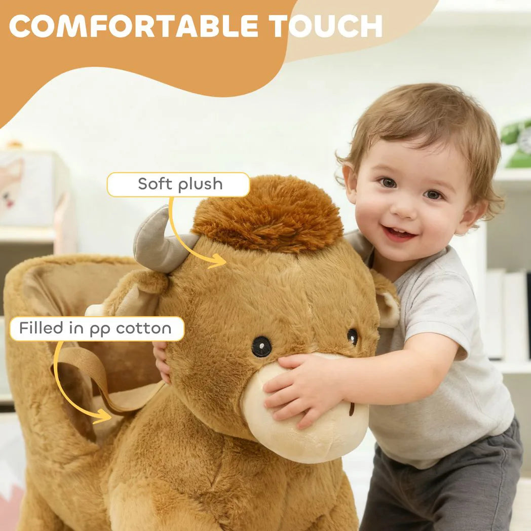 AIYAPLAY Baby Rocking Horse with Safety Belt and Wooden Base – Cow Animal Rocker for Children, Brown