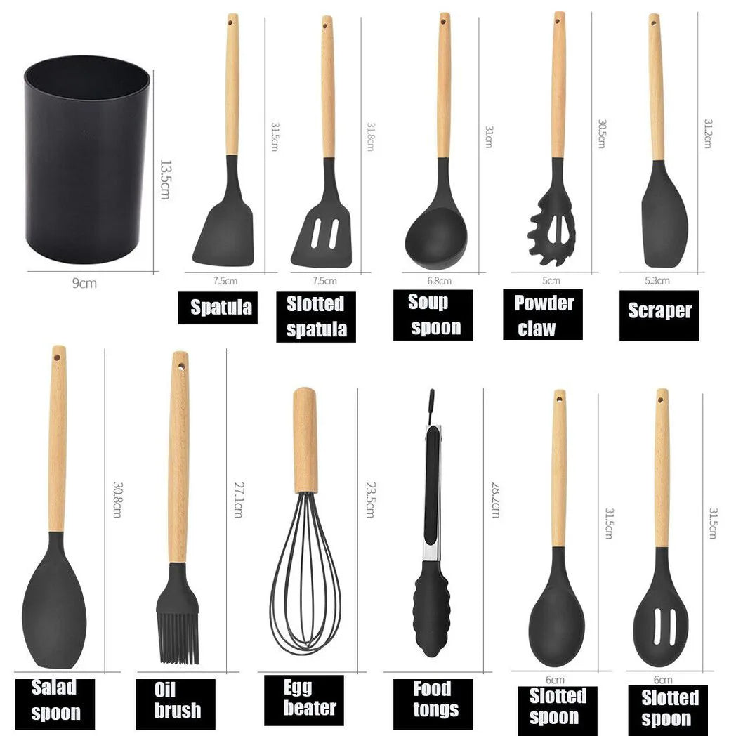 12 Piece Silicone Kitchen Utensil Set with Wooden Handles – Non-Stick Spatula, Ladle, Tongs & Whisk, Black