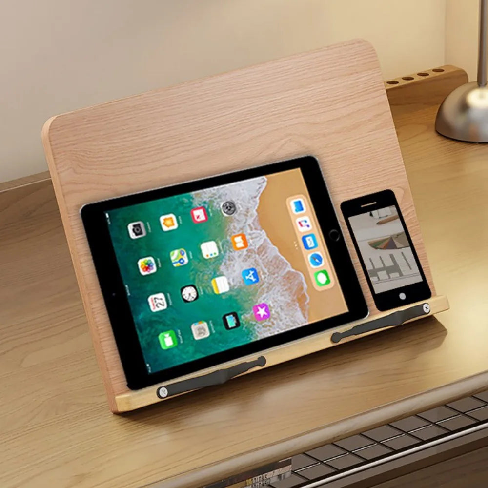 Adjustable Wooden Book Stand with Page Clips – Foldable Reading Rest for Cookbooks, Recipes & Music Scores