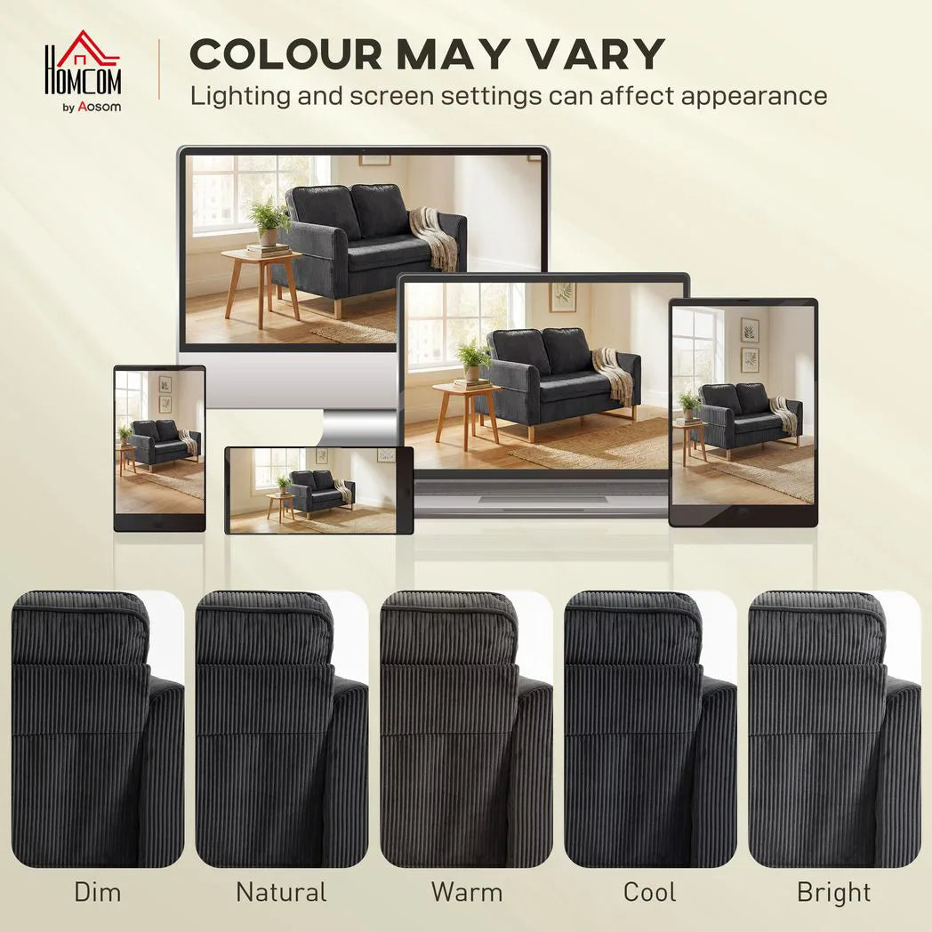 HOMCOM 2 Seater Sofa, 140 cm Corduroy Loveseat with Pocket Spring Cushions, Metal Legs & 2 Pillows – Dark Grey