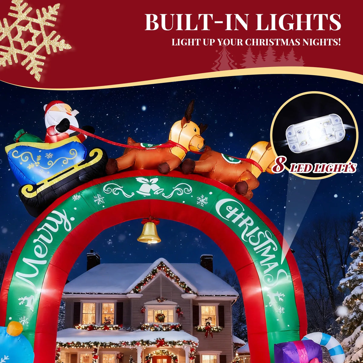 10ft Inflatable Christmas Archway with Santa's Sleigh and Warm White LEDs – Outdoor Decoration