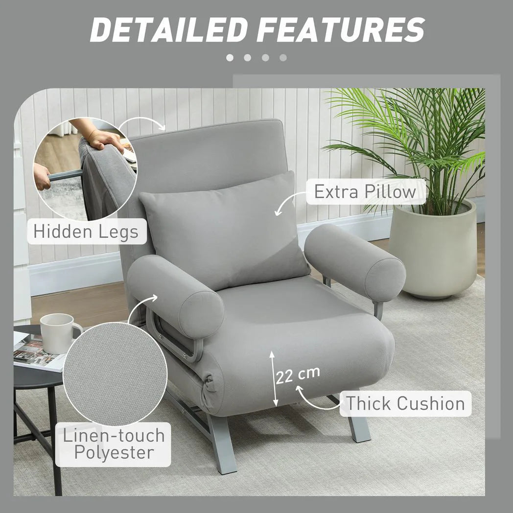 HOMCOM 3-in-1 Single Sofa Bed, Convertible Folding Chair Bed with Adjustable Backrest – Light Grey