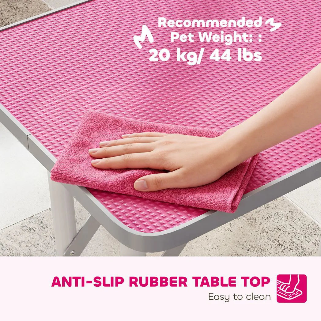 PawHut Foldable Dog Grooming Table with Adjustable Arm, Non-Slip Rubber Top and Noose – Pet Drying Table, 81cm, Pink