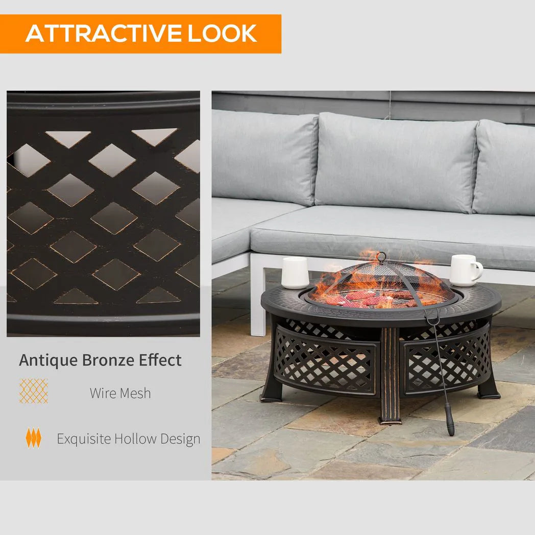 Outsunny 2-in-1 Outdoor Fire Pit with Grill Net, Mesh Lid and Poker – Camping and Bonfire, Bronze Tone