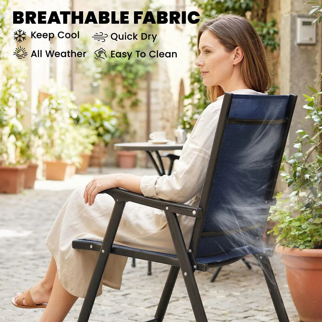 Outsunny Set of 2 Folding Garden Chairs with High Back, Armrests & Texteline Seat – Navy Blue