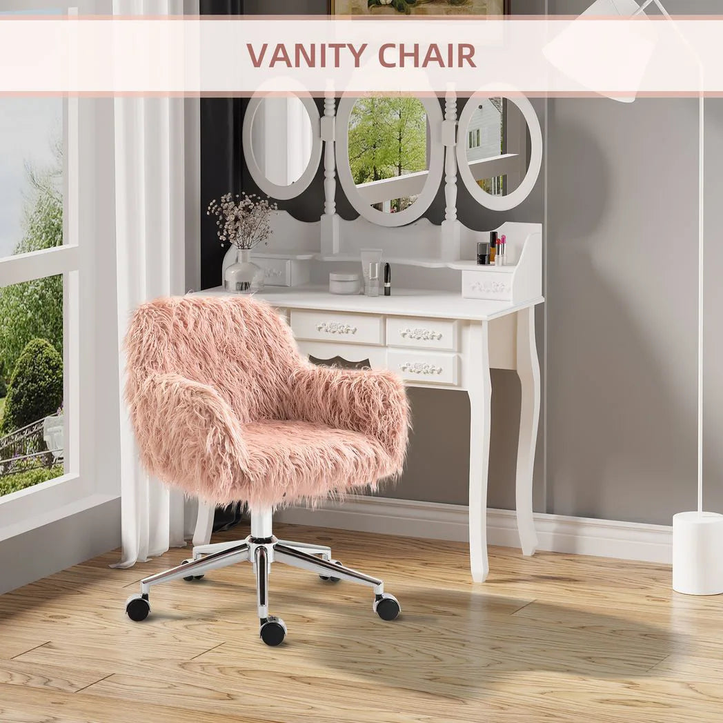 Vinsetto Faux Fur Swivel Desk Chair with Armrests, Adjustable Height – Makeup Chair for Bedroom, Pink