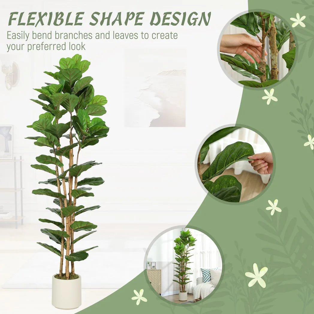 HOMCOM 180cm Artificial Fiddle Leaf Fig Tree in White Pot – Realistic Faux Plant for Home and Office, Green