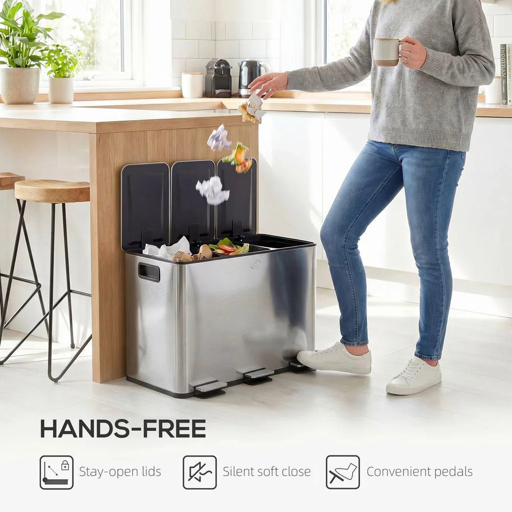 HOMCOM 3 x 20L Pedal Bin with Soft Close Lid, Removable Inner Buckets – Stainless Steel Triple Kitchen Bin, Silver Tone