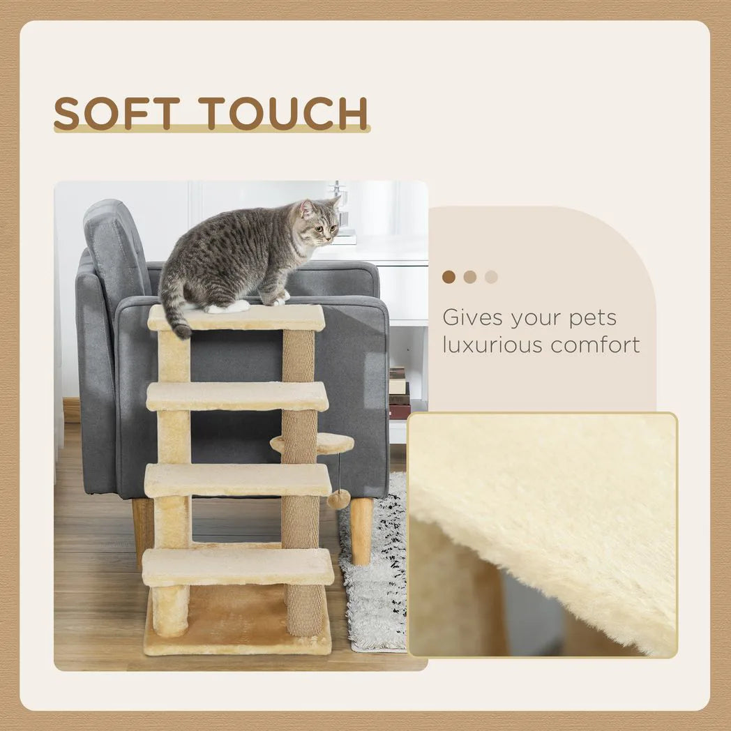 PawHut 4-Step Cat Stairs with Scratching Posts, Platform and Toy Ball – Pet Steps, Beige