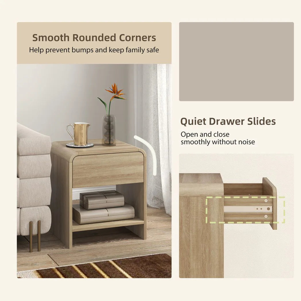 HOMCOM Set of 2 Bedside Tables with Silent Drawer and Open Shelf – Nordic Style Nightstands, Natural