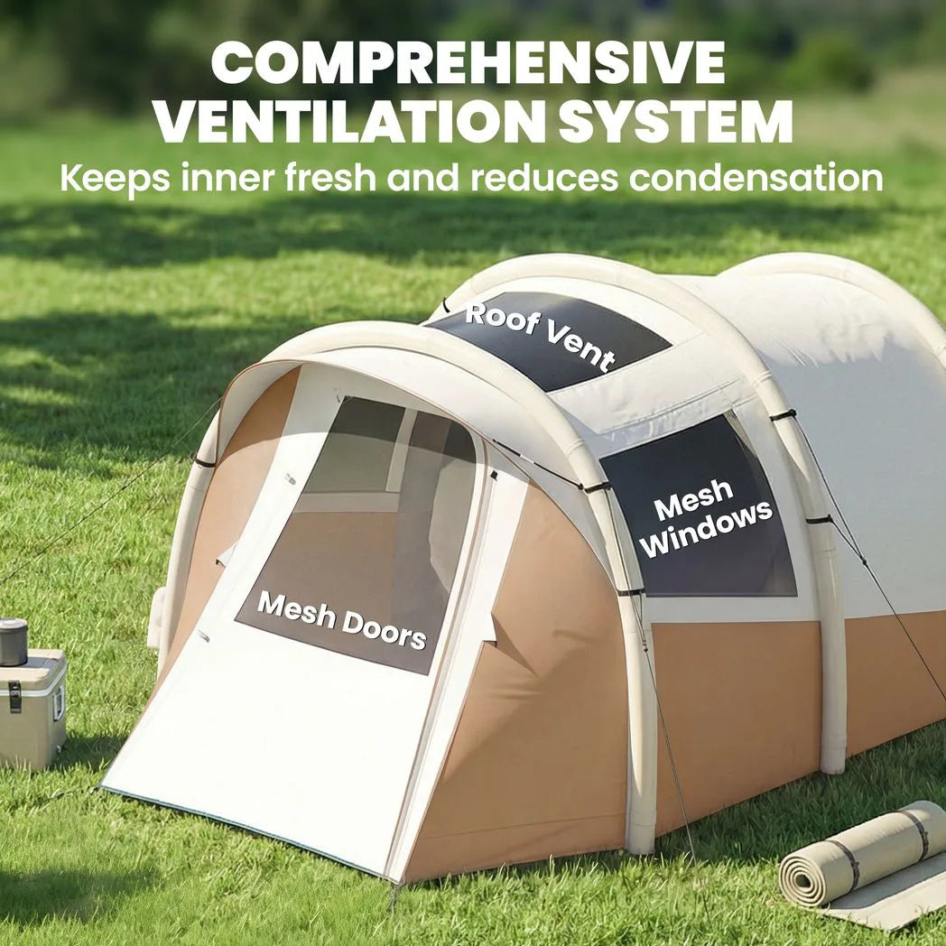 Outsunny 2-3 Person Inflatable Camping Tent with Air Pump, Bedroom & Living Room – Easy Setup Blow Up Tent, Khaki