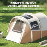 Outsunny 2-3 Person Inflatable Camping Tent with Air Pump, Bedroom & Living Room – Easy Setup Blow Up Tent, Khaki
