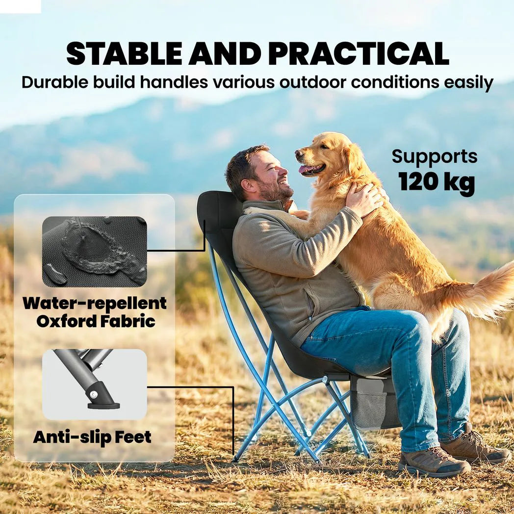 Outsunny Folding Moon Chair with Side Pocket & Carry Bag – Heavy Duty 120kg Camping Chair for Adults, Black