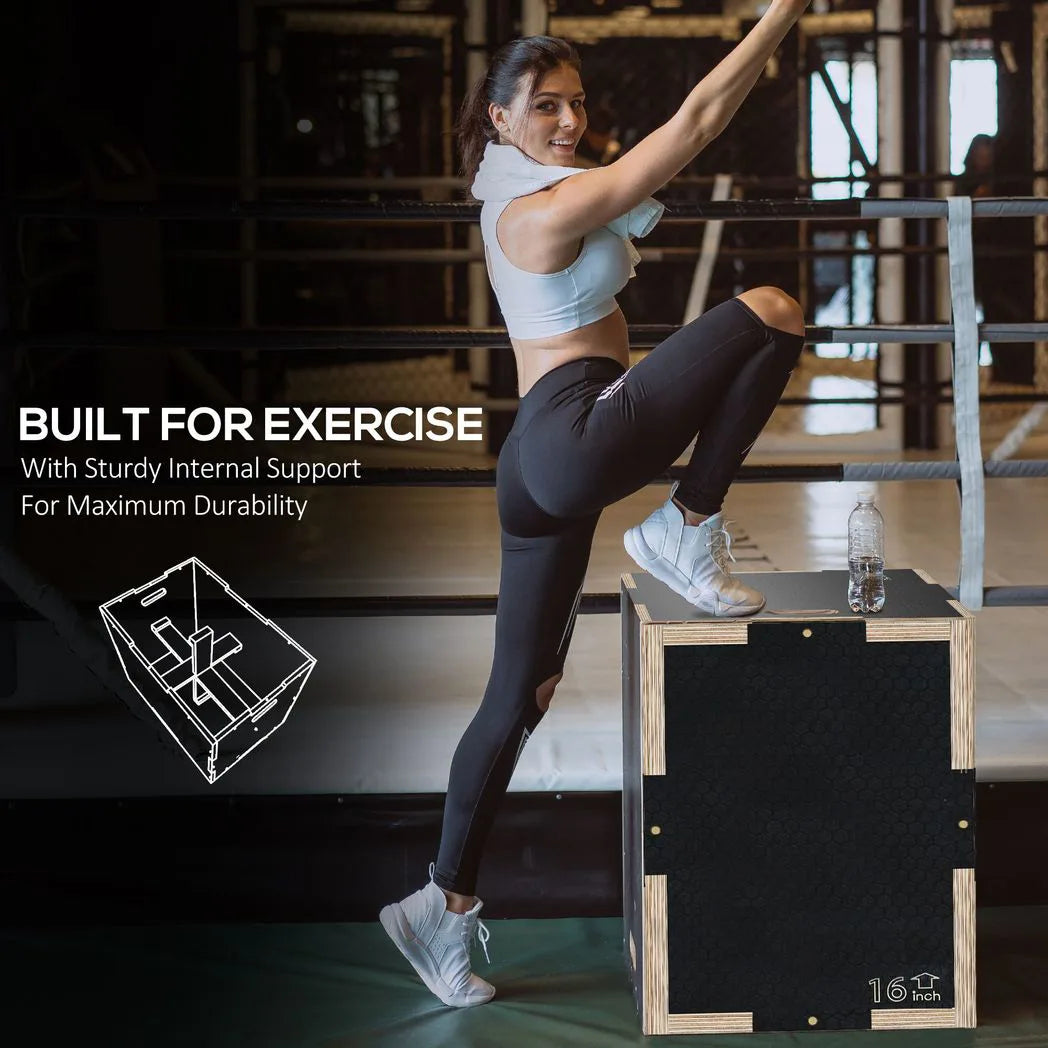 SPORTNOW 3-Height Wooden Plyo Jump Box with Non-Slip Surface & Handles – Home Gym Step Up Box, Black