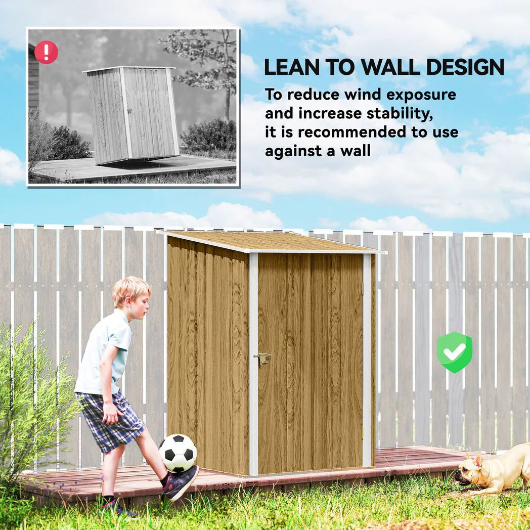 Outsunny Lean-To Steel Garden Shed with Locking Door – 3.3 x 3.4ft Tool Storage, Light Brown Wood Effect/White