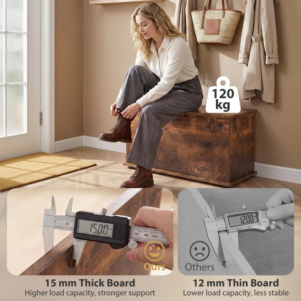 HOMCOM 102L Storage Chest & Blanket Box with Safety Hinged Lid, 80 x 40 x 45 cm – Rustic Brown