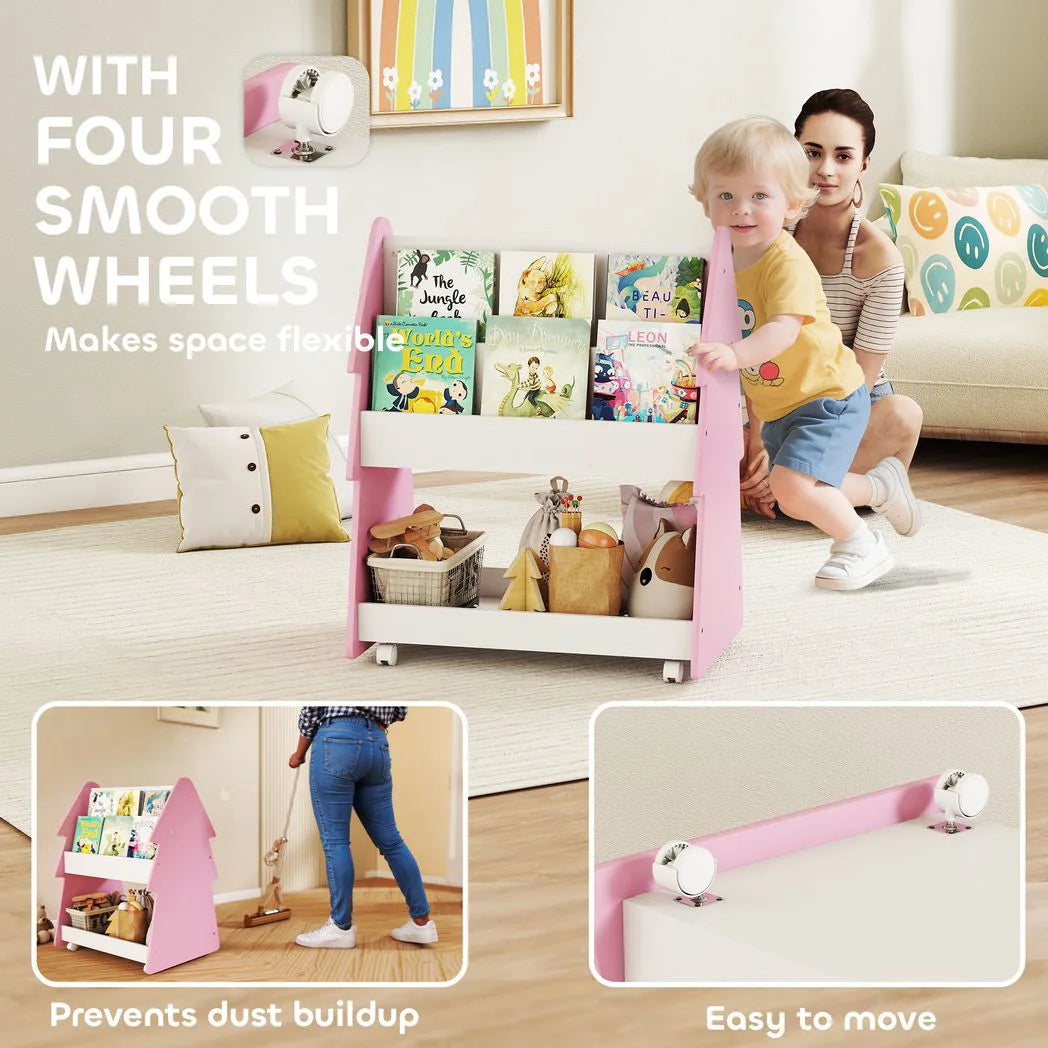AIYAPLAY Kids Bookshelf with Toy Storage, Double-Sided 3-Tier Bookcase on Wheels – Bedroom Book Rack, Pink