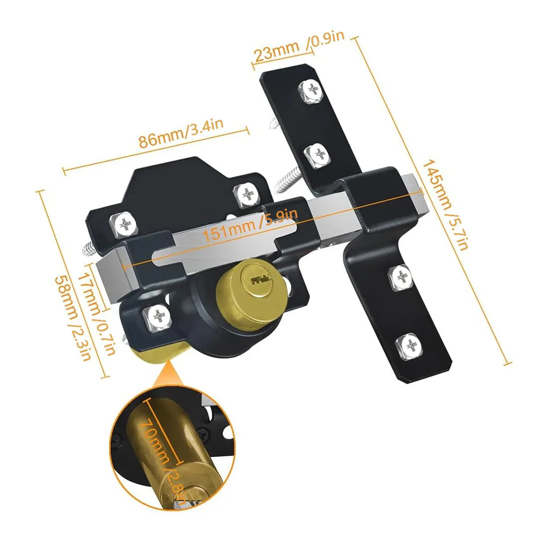 70mm Double-Sided Garden Gate Lock with Long Throw Bolt, Brass Cylinder and 5 Keys – Black