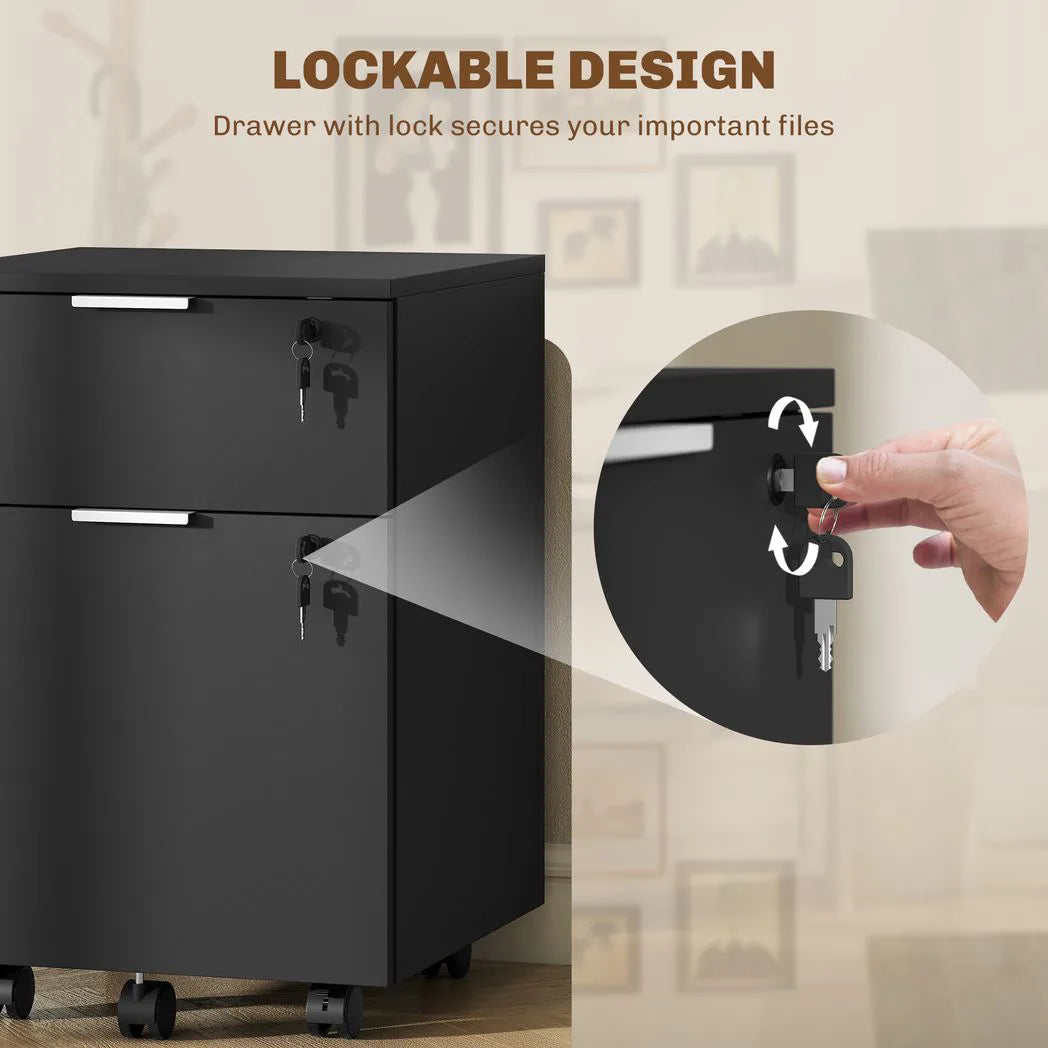 HOMCOM Two-Drawer Lockable Filing Cabinet with Wheels and Brakes – Under Desk Office Storage, Black