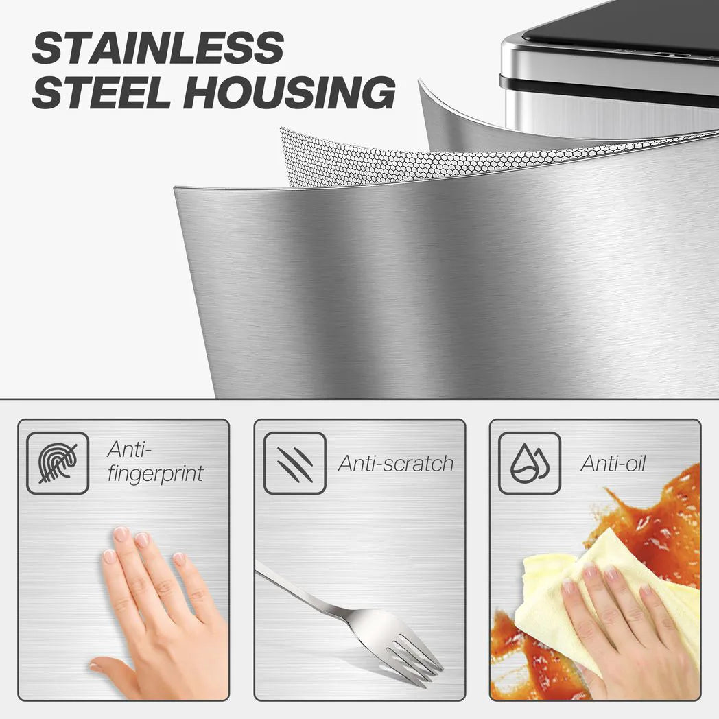 HOMCOM 40L Sensor Bin with Soft-Close Lid – Stainless Steel Touchless Motion Sensor Kitchen Bin, Silver