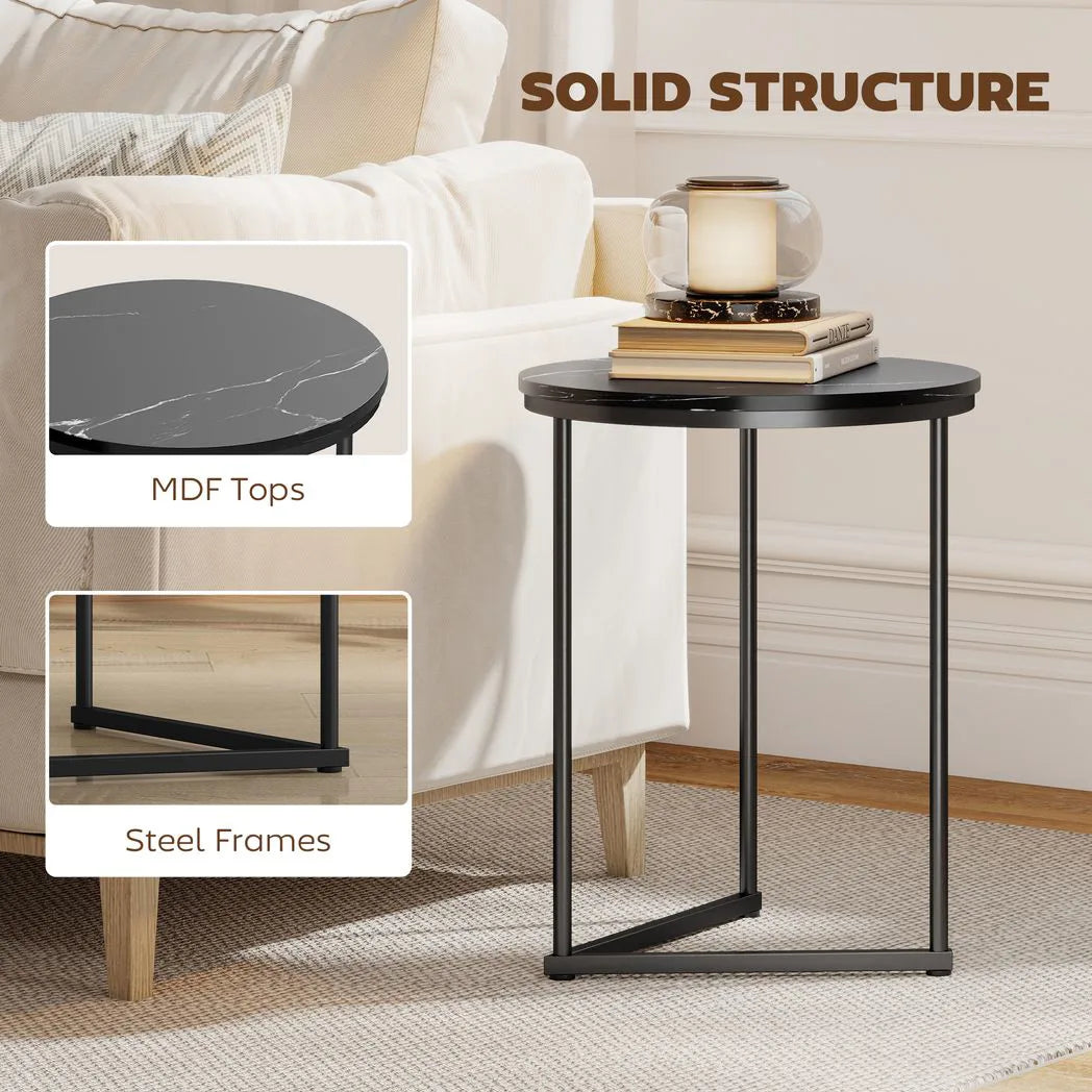 HOMCOM Set of Two Marble-Effect Nesting Tables with Black Steel Frames – Coffee and Side Tables, Black