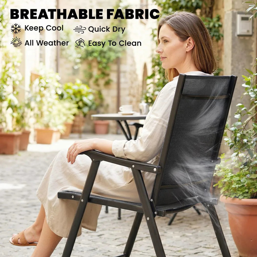 Outsunny Set of 2 Folding Garden Chairs with High Back, Armrests & Texteline Seat – Black